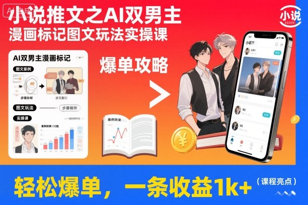 小说推文之AI双男主漫画标记图文玩法实操课，轻松爆单，一条收益1k+-超级会员网
