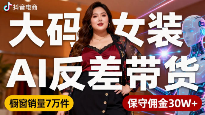 抖音小众赛道，大码女装AI反差带货，不用直播，每天6条作品，橱窗卖7万件，保守佣金30W+-超级会员网