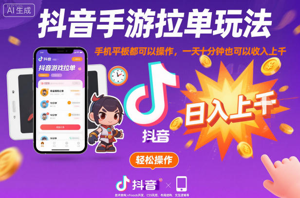 抖音手游拉单玩法，手机平板都可以操作，一天十分钟也可以收入上K【揭秘】-超级会员网