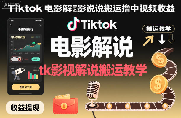 Tiktok电影解说搬运撸中视频收益，tk影视解说搬运教学-超级会员网