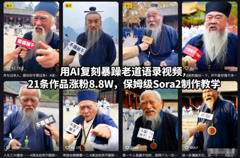 用AI复刻暴躁老道语录视频，21条作品涨粉8.8W，保姆级Sora2制作教学-超级会员网