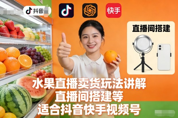水果直播卖货玩法讲解、直播间搭建等，适合抖音快手视频号-超级会员网