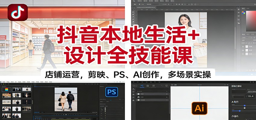 抖音本地生活+设计全技能课：店铺运营，剪映、PS、AI创作，多场景实操-超级会员网
