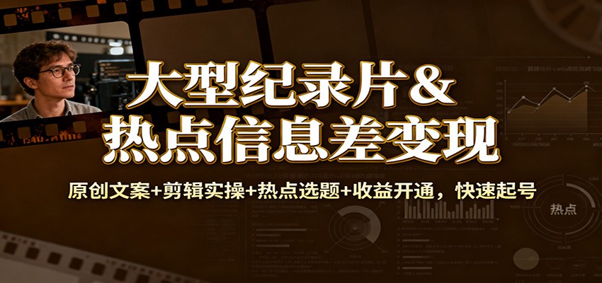 大型纪录片&热点信息差变现：原创文案+剪辑实操+热点选题+收益开通，快速起号-超级会员网