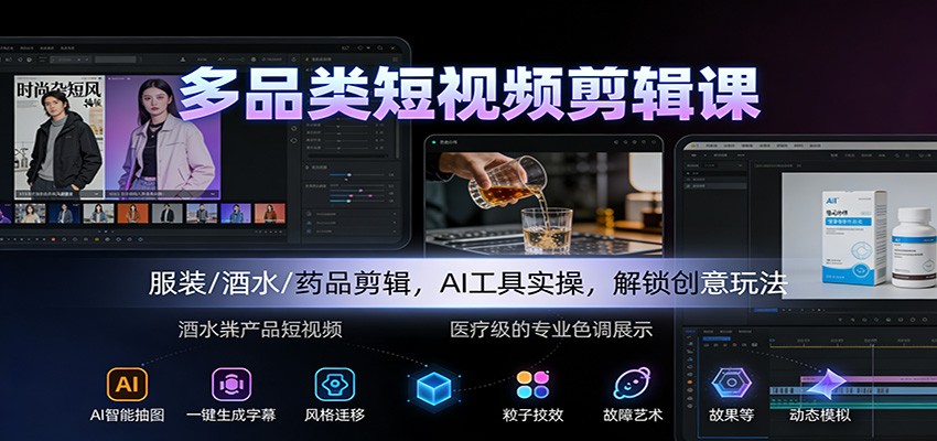 多品类短视频剪辑课：服装/酒水/药品剪辑，AI工具实操，解锁创意玩法-超级会员网