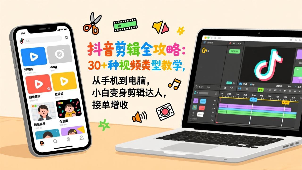 抖音剪辑全攻略：30+种视频类型教学，从手机到电脑，小白变身剪辑达人，接单增收-超级会员网