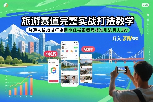 旅游赛道完整实战打法教学，普通人做旅游行业用小红书视频号精准引流月入3W-超级会员网