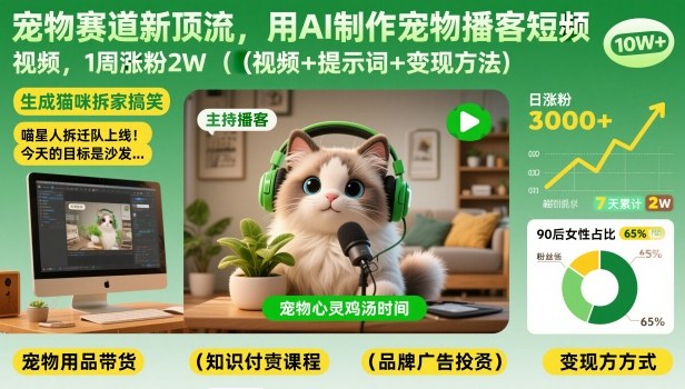 宠物赛道新顶流，用AI制作宠物播客短视频，1周涨粉2W(视频+提示词+变现方法)-超级会员网