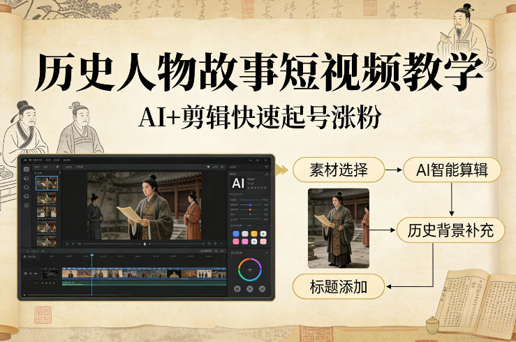 历史人物故事短视频教学，AI+剪辑制作历史人物题材短视频，快速起号涨粉-超级会员网