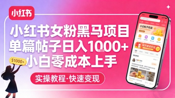 小红书女粉黑马项目，单篇帖子日入1k+，小白零成本上手-超级会员网
