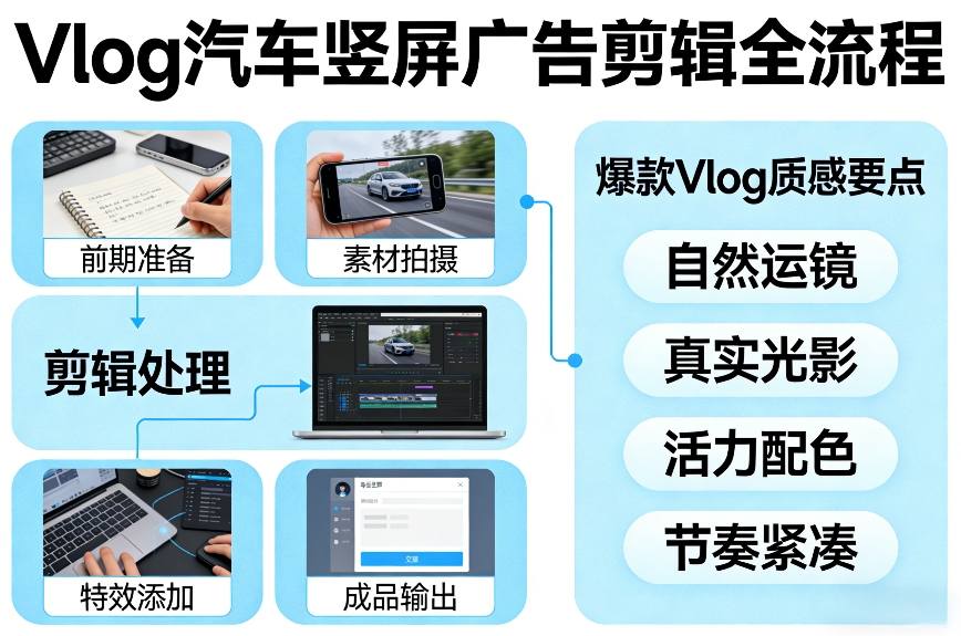 Vlog感觉汽车竖屏广告剪辑脚本全流程，拿捏爆款Vlog质感-超级会员网