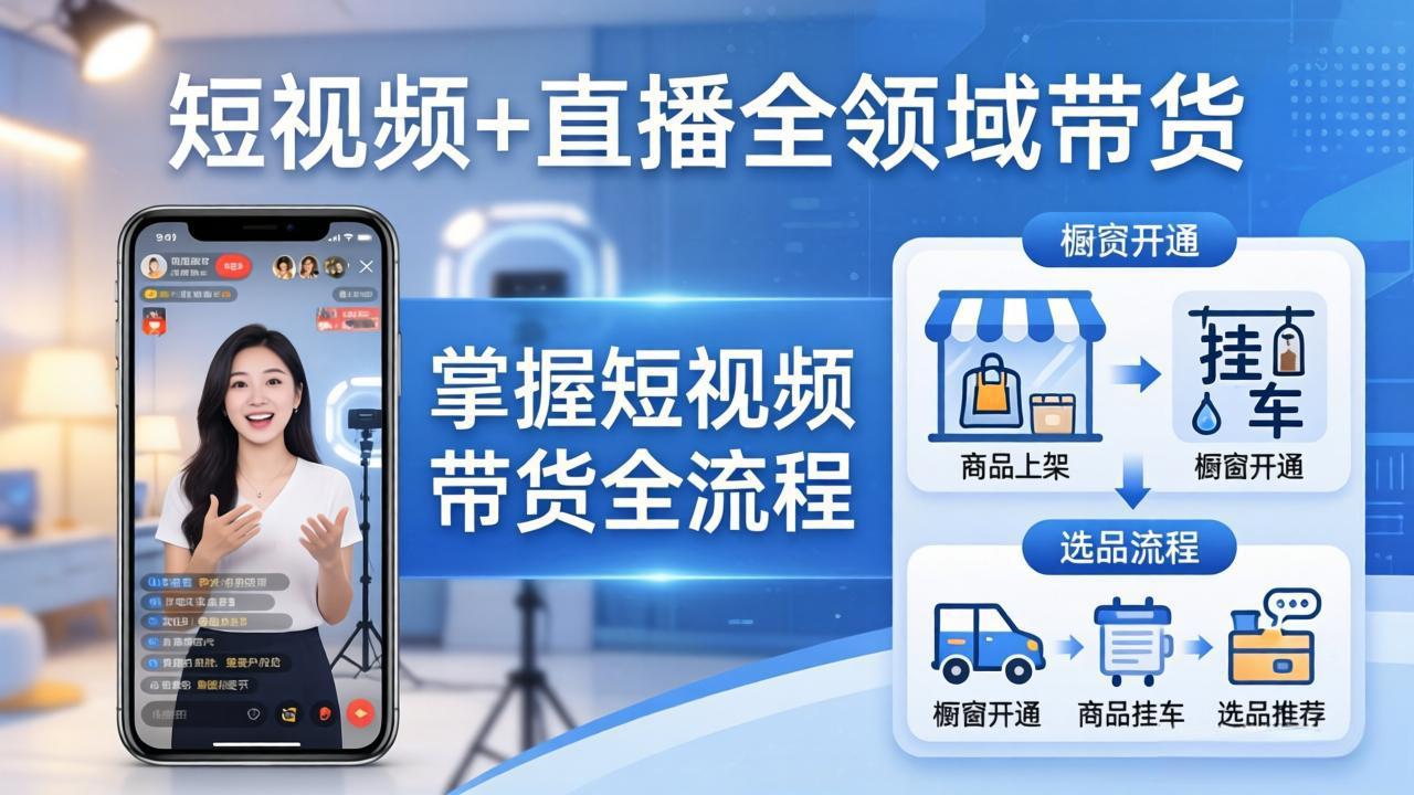 短视频+直播全领域带货：掌握橱窗开通、挂车、选品、爆款文案改编等短视频带货全流程-超级会员网