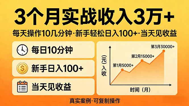 3个月实战收入3万+，每天操作10几分钟，新手轻松日入100+，当天见收益-超级会员网