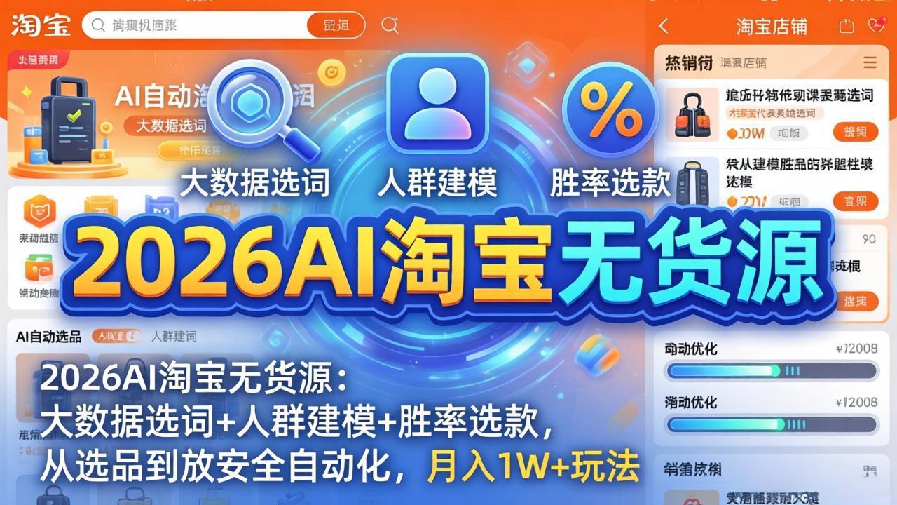 2026AI淘宝无货源：大数据选词+人群建模+胜率选款，从选品到放大全自动化，月入1W+玩法-超级会员网