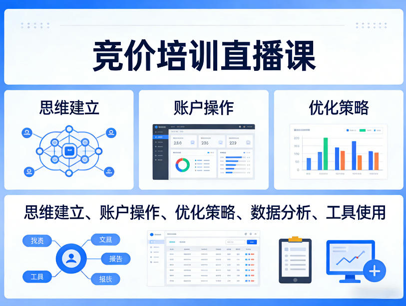 竞价培训直播课，覆盖思维建立、账户操作、优化策略、数据分析、工具使用等，全方位提升效果-超级会员网