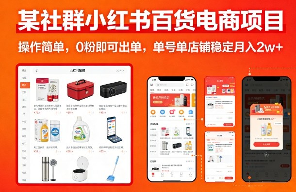 某社群小红书百货电商项目，操作简单，0粉即可出单，单号单店铺稳定月入2w+-超级会员网