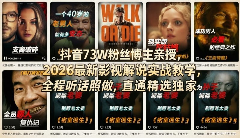 抖音73W粉丝博主亲授，2026最新影视解说实战教学，全程听话照做，直通精选独家-超级会员网