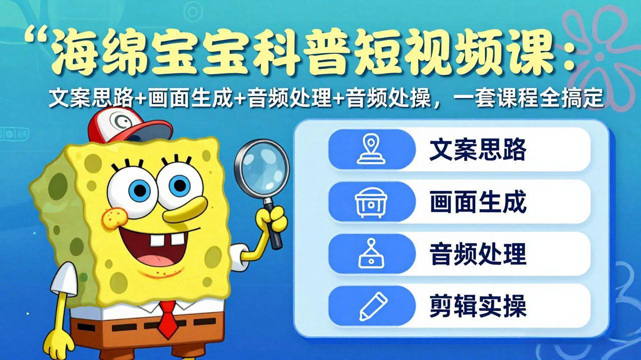 海绵宝宝科普短视频课：文案思路+画面生成+音频处理+剪辑实操，一套课程全搞定-超级会员网