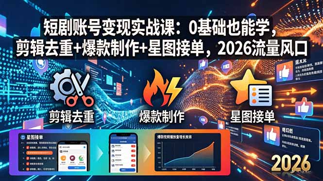 短剧账号变现实战课：0基础也能学，剪辑去重+爆款制作+星图接单，2026流量风口-超级会员网