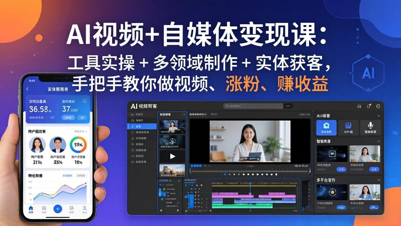 AI视频+自媒体变现课：工具实操 + 多领域制作 + 实体获客，手把手教你做视频、涨粉、赚收益-超级会员网