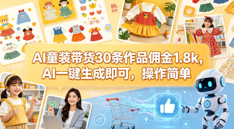 AI童装带货30条作品佣金1.8k，AI一键生成即可，操作简单-超级会员网
