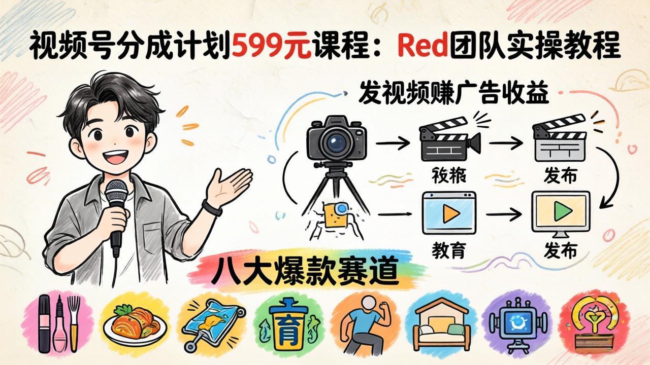 视频号分成计划599元课程：Red团队实操教程，发视频赚广告收益，八大爆款赛道全掌握-超级会员网