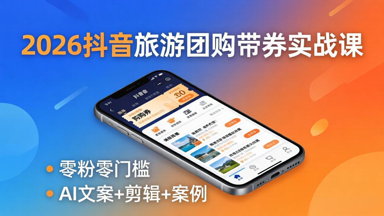 2026抖音旅游团购带券实战课：零粉零门槛，AI文案+剪辑+案例，躺着赚门票佣金-超级会员网