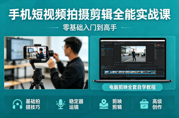 手机短视频拍摄剪辑全能实战课：零基础入门到高手，稳定器运镜+电脑剪映全套自学教程-超级会员网