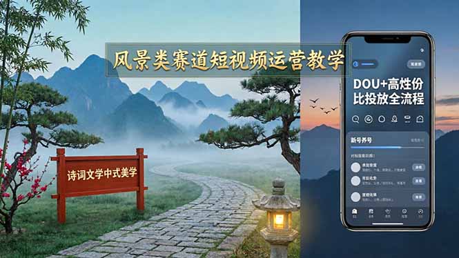 风景类赛道短视频运营教学：诗词文学中式美学，新号养号对标账号定位，DOU+高性价比投放全流程-超级会员网