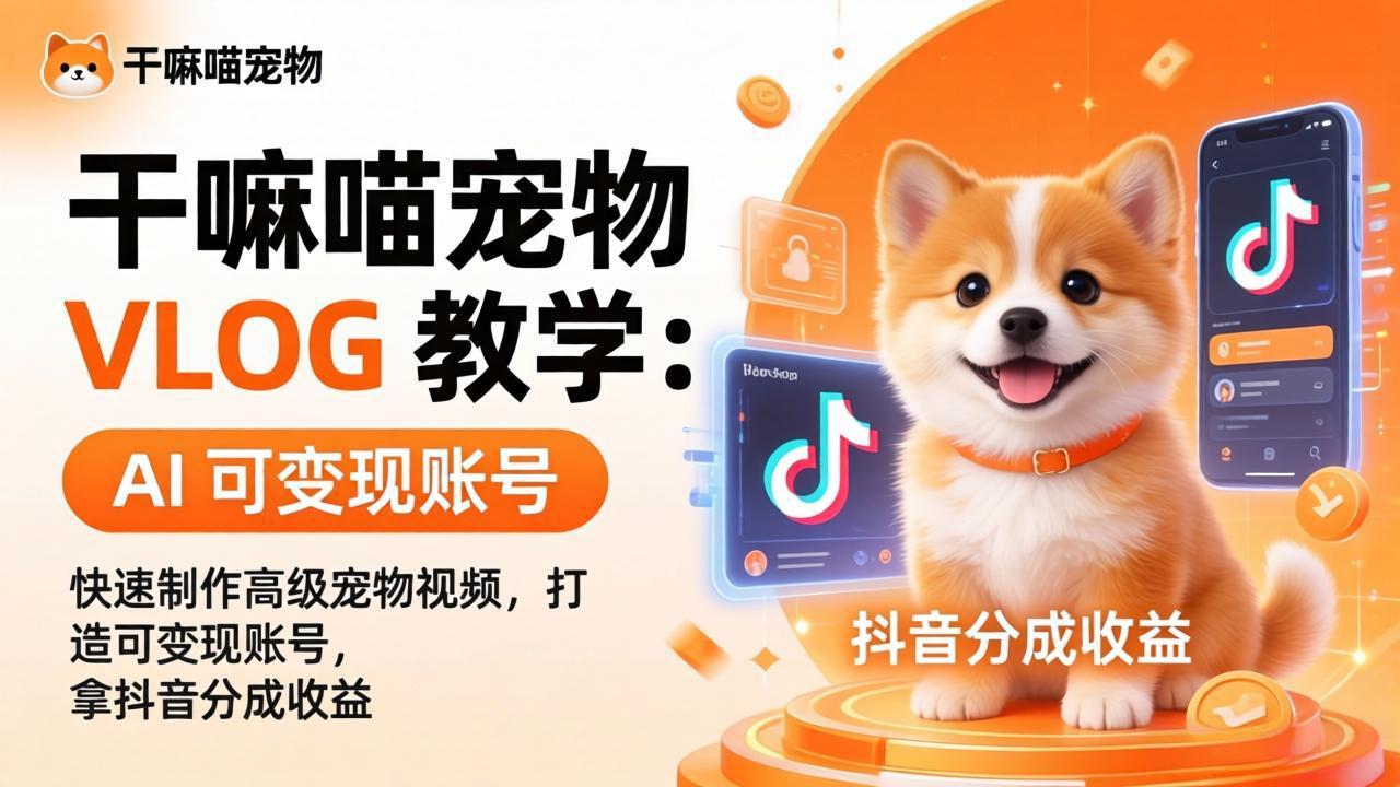 干嘛喵宠物 VLOG 教学：AI 快速制作高级宠物视频，打造可变现账号，拿抖音分成收益-超级会员网
