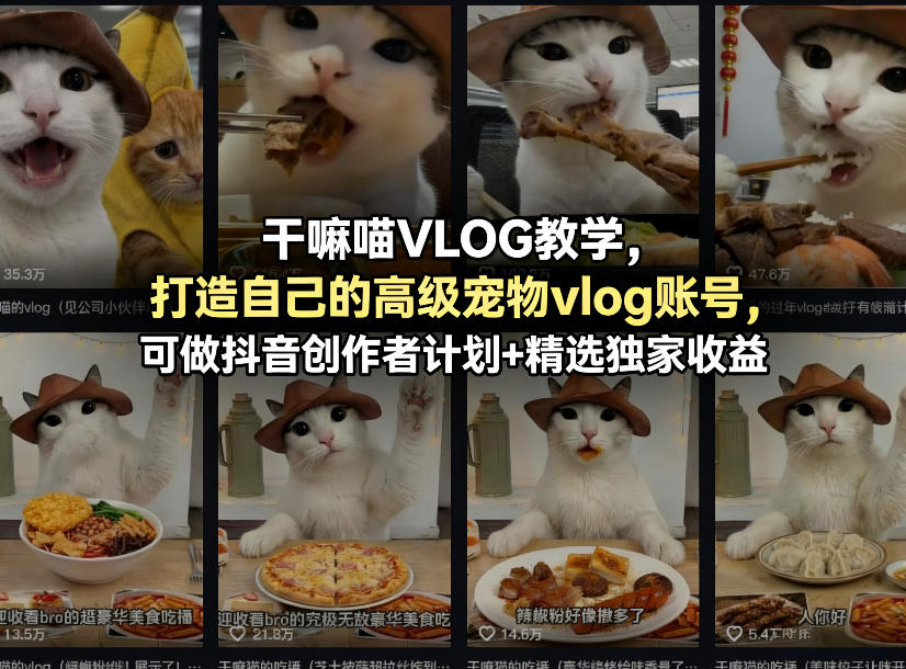 干嘛喵VLOG教学，打造自己的高级宠物vlog账号，可做抖音创作者计划+精选独家收益-超级会员网