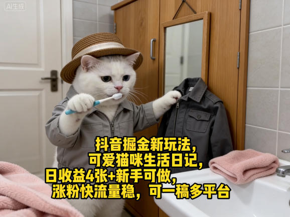 抖音掘金新玩法，可爱猫咪生活日记，日收益4张+新手可做，涨粉快流量稳，可一稿多平台-超级会员网