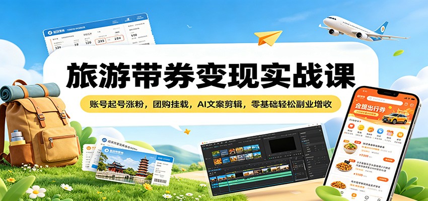 旅游带券变现实战课：账号起号涨粉，团购挂载，AI文案剪辑，零基础轻松副业增收-超级会员网
