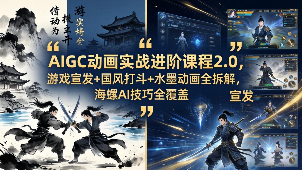 AIGC动画实战进阶课程2.0，游戏宣发+国风打斗+水墨动画全拆解，海螺AI技巧全覆盖-超级会员网