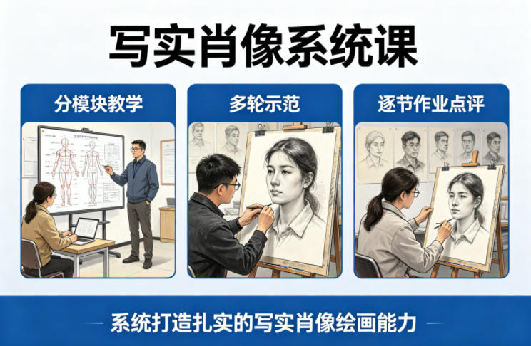 写实肖像系统课，全程分模块教学+多轮示范+逐节作业点评，系统打造扎实的写实肖像绘画能力-超级会员网