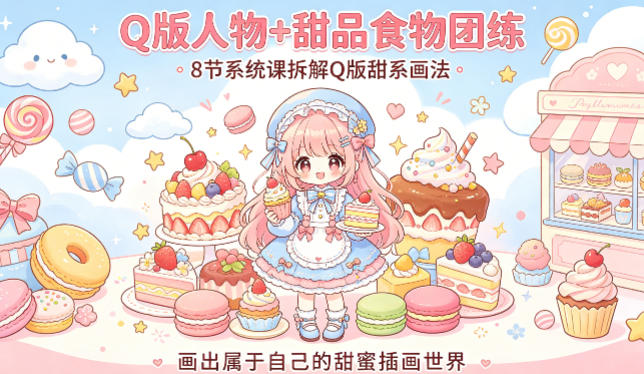 Q版人物+甜品食物团练，8节系统课拆解Q版甜系画法，画出属于自己的甜蜜插画世界-超级会员网