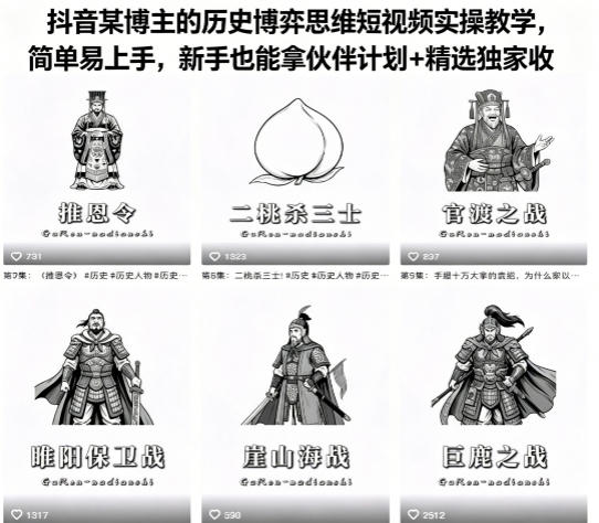 抖音某博主的历史博弈思维短视频实操教学，简单易上手，新手也能拿伙伴计划+精选独家收益-超级会员网
