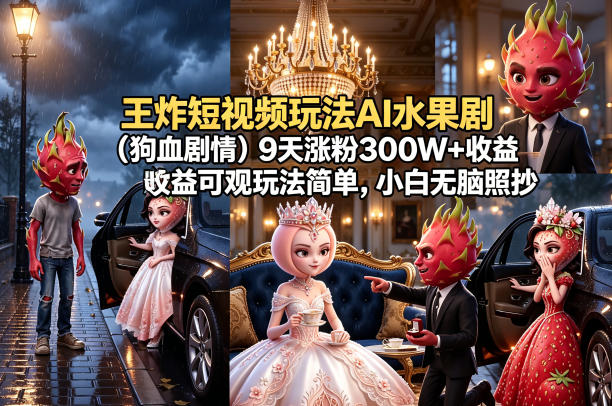 王炸短视频玩法AI水果剧(狗血剧情)9天涨粉300W+收益可观玩法简单，小白无脑照抄，详细拆解玩法-超级会员网