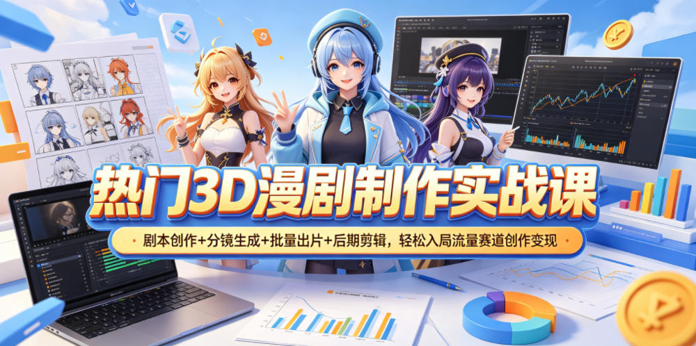 热门3D漫剧制作实战课，剧本创作+分镜生成+批量出片+后期剪辑，轻松入局流量赛道创作变现-超级会员网