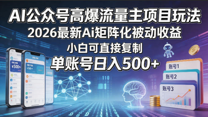 AI公众号高爆流量主项目玩法，2026最新Ai矩阵化被动收益，小白可直接复制，单账号日入500+-超级会员网