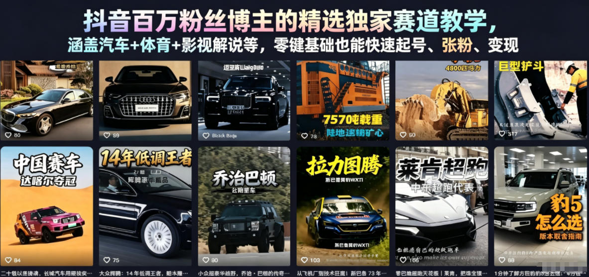 抖音百万粉丝博主的精选独家赛道教学，涵盖汽车+体育+影视解说等，零基础也能快速起号、涨粉、变现-超级会员网