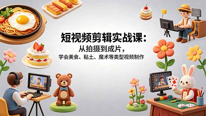 短视频剪辑实战课：从拍摄到成片，学会美食、粘土、魔术等类型视频制作-超级会员网