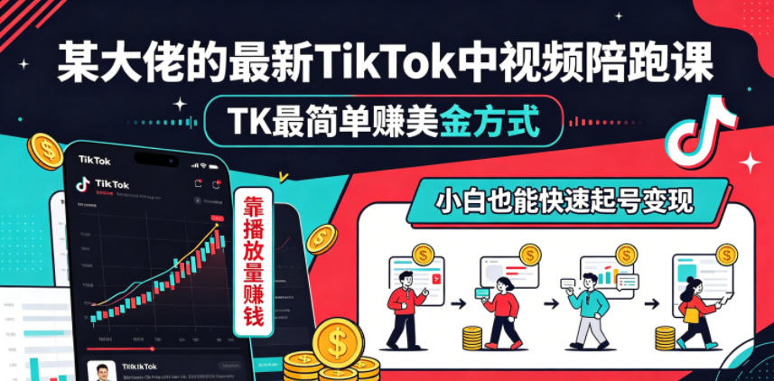 某大佬的最新TikTok中视频陪跑课，TK最简单賺美金方式，靠播放量賺钱，小白也能快速起号变现-超级会员网