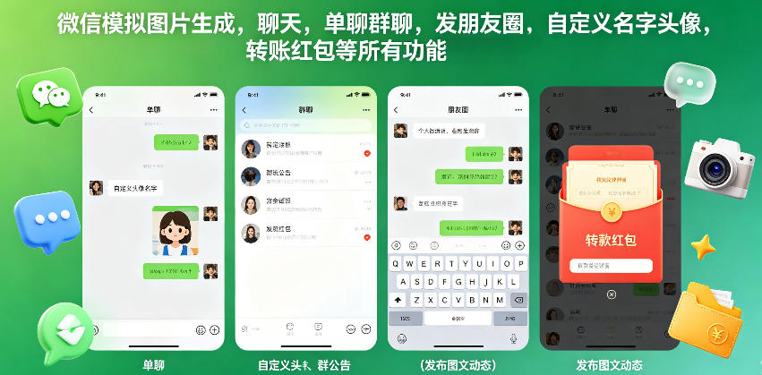 微信模拟图片生成，聊天，单聊群聊，发朋友圈，自定义名字头像，转账红包等所有功能都可以生成-超级会员网
