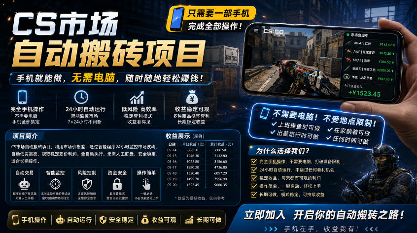 手机即可操作的CS市场自动搬砖系统｜自动监控｜自动下单|日入300+【揭秘】-超级会员网