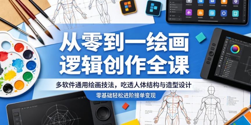 从零到一绘画逻辑创作全课，多软件通用绘画技法，吃透人体结构与造型设计，零基础轻松进阶接单变现-超级会员网