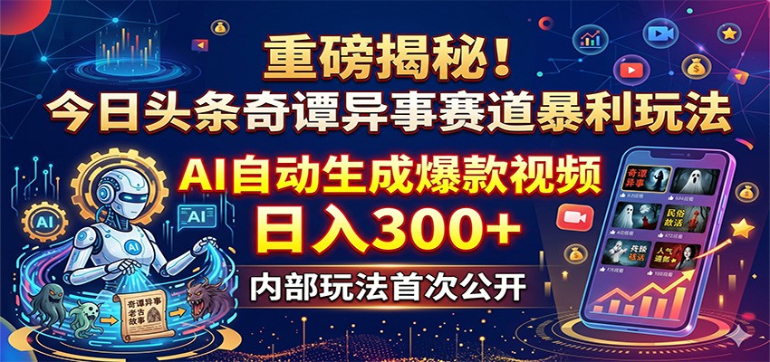 重磅揭秘！今日头条奇谭异事赛道暴利玩法：AI自动生成爆款视频，日入300+-超级会员网