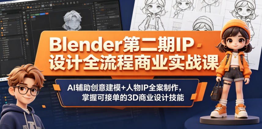 Blender第二期IP设计全流程商业实战课，AI辅助创意建模+人物IP全案制作，掌握可接单的3D商业设计技能-超级会员网