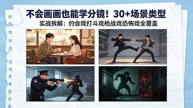 不会画画也能学分镜！30+场景类型实战拆解：约会戏打斗戏枪战戏恐怖戏全覆盖-超级会员网