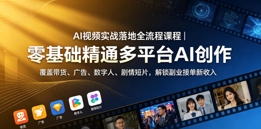 AI视频实战落地全流程课程｜零基础精通多平台AI创作，覆盖带货、广告、数字人、剧情短片，解锁副业接单新收入-超级会员网